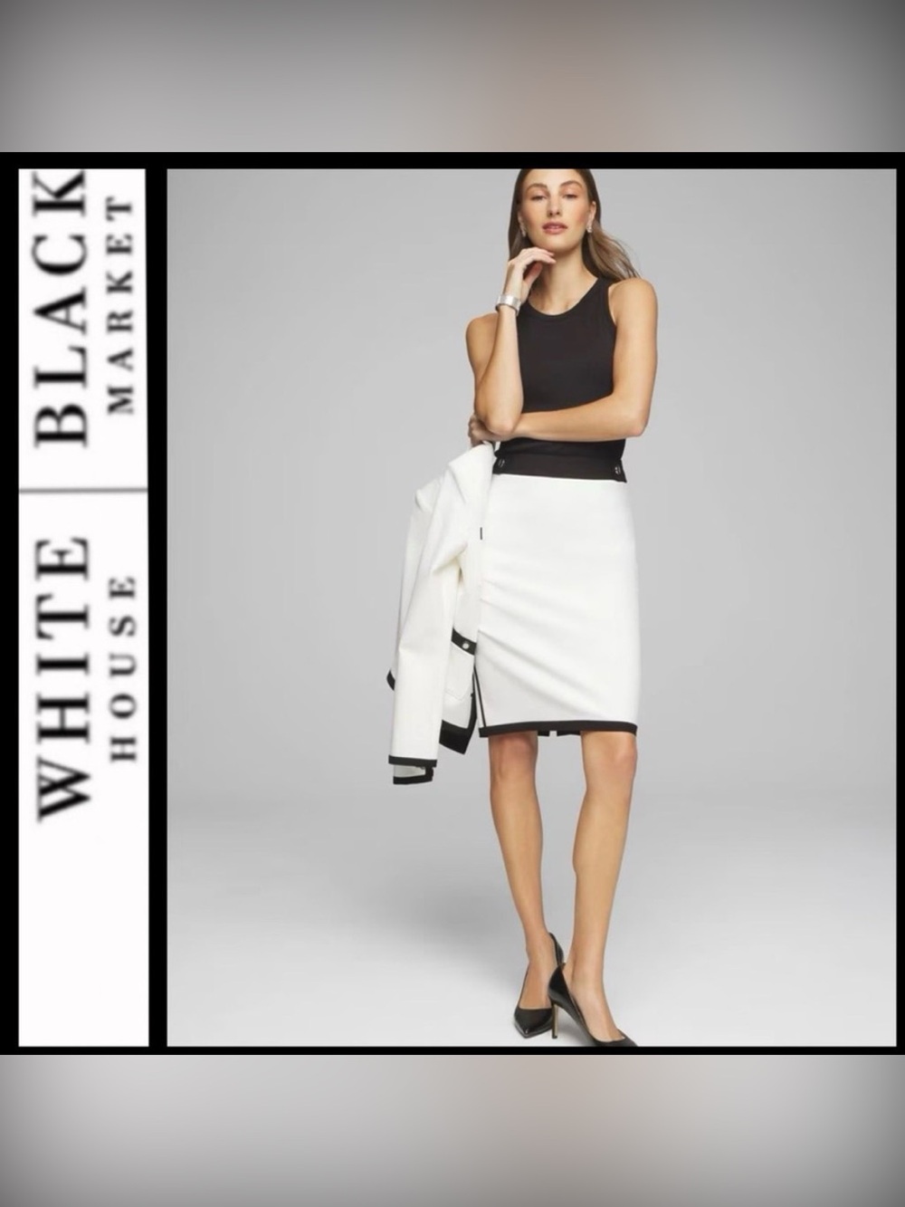 White House Black Market White Pencil Skirt with Black Waist and Hem Trim